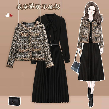 Plus Size Women's Autumn and Winter Suit 2025 New Style Cardigan Jacket Fashionable Slimming Look Versatile Dress Two-Piece Set