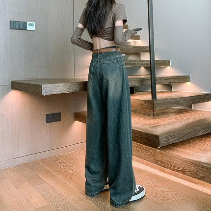 Narrow Wide-Leg Jeans for Women, High-Waisted, Popular in Spring 2026, Pleated Design, Loose, Slimming, Straight-Leg, Floor-Length Pants
