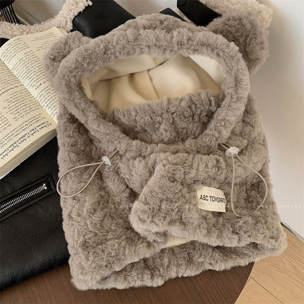Korean Cute Plush Ear Protection Three-In-One Women's Thickeneded Mask Scarf All-In-One Cycling Warm Winter Bear Hat