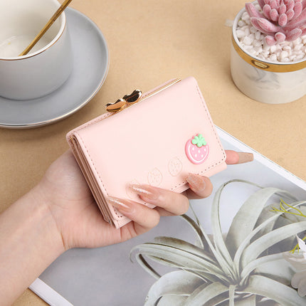 2024 New Cute Folding Women's Short Korean Style Wallet Strawberry PU Mini Clip Creative Coin Purse