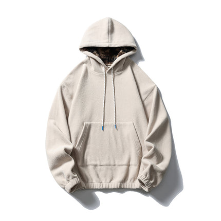 Black Fleet American Casual Style Unisex Versatile Hooded Warm Top Couple Style Hiking Fleece Solid Color Sweatshirt