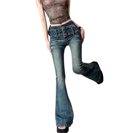 Vintage Belt Micro-flare Jeans Women's Trendy All-match Stretch Slim-fit High Waist Slimming Horseshoe Trumpet Long Pants