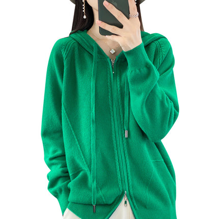 Wool Blend 2026 Autumn and Winter New Women's Hooded Sweatshirt Loose Plus-Size Short Knitted Hoodie Base Layer Cardigan
