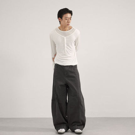 Jiamu American High Street Simple Splicing Baggy Neutral Versatile Draped Loose Wide-Leg Scimitar Casual Pants for Men and Women