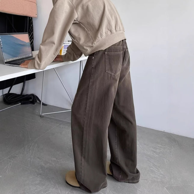 Autumn Vintage Distressed Men's Jeans, Loose Straight-Leg Pants, Clean Fit Wide-Leg Floor-Length Casual Trousers
