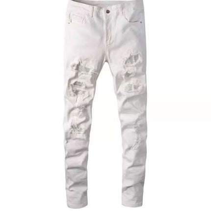 Am Cross-Border Shin European and American High Street Diamond-Encrusted Washed Hole Patchwork Hot Diamond Jeans Beggar Pants for Men