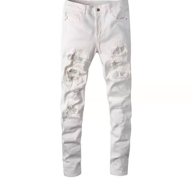 Am Cross-Border Shin European and American High Street Diamond-Encrusted Washed Hole Patchwork Hot Diamond Jeans Beggar Pants for Men
