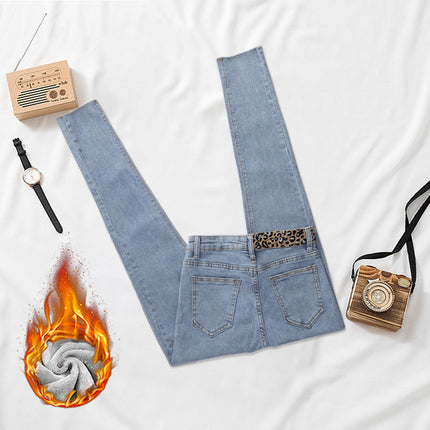 Leopard-print Thickened High-waist Jeans Women's Fleece-lined Autumn and Winter Warm Stretch Pencil Pants Slim-fit Fur-edged Cropped Pencil Pants