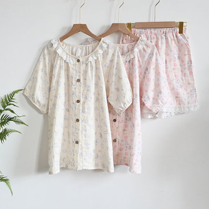 Summer Cotton Short-sleeved Shorts Double-layer Yarn Crewneck Lic Collar Women's Pajamas Home Wear Soft and Sweet Outer Wear