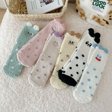 Coral Fleece Socks for Women, Mid-Calf, Winter Warm Thickened Maternity Socks, Three-Dimensional Plush Cartoon Home Floor Socks