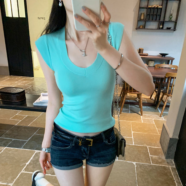 Lyocell Tencel Elegant Mint Green V Neck Right Shoulder Sleeveless Knitwear Women's Summer Pure Desire Slim Versatile Top