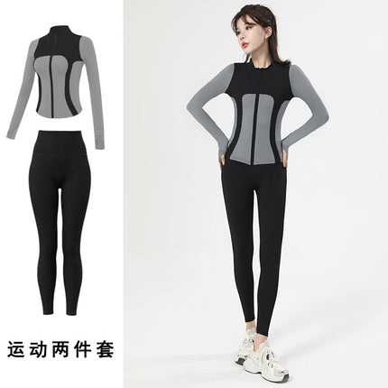 Spring New Outdoor Quick-drying Yoga Clothes suit Women's High Elastic Slim-fit Slimming Contrast Zipper Casual Sports Top
