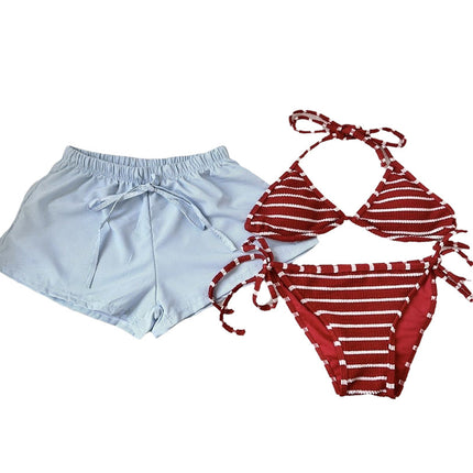 [Free Vacation] Hot Girl Pure Desire Style Red and White Stripes Whitening Seaside Vacation Beach Separates Swimsuit Bikini