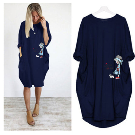 Factory direct sale wish AliExpress foreign trade women's casual loose pocket long sleeve plus size fat sister dress