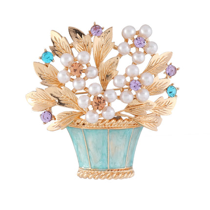 New Glazed Pearl Flower Brooch Fashion Flower Basket Potted Pin Ancient Vintage Personalized Rhinestone Accessories