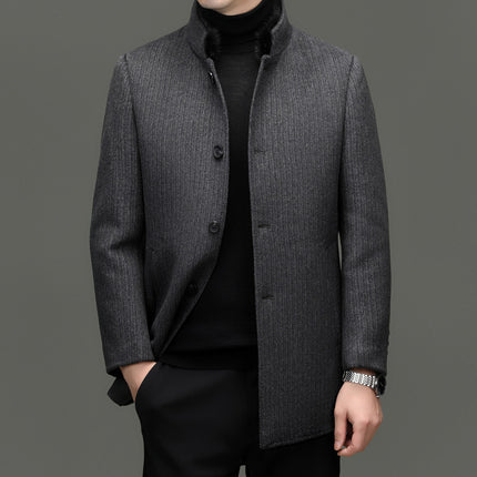 Double-Sided Cashmere Outwear Men's Mid-Length Stand-Up Collar Business Winter Mink Collar Detachable down Liner Woolen Outwear