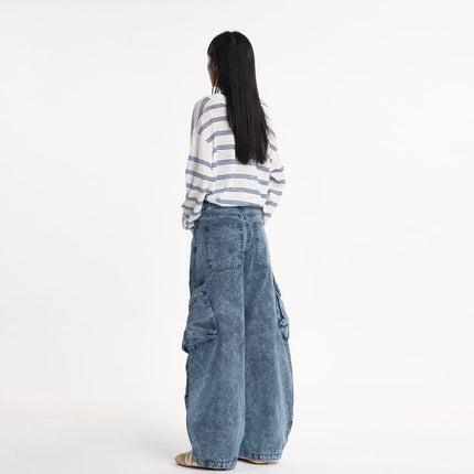 Jiamu American Baggy Silhouette Scimitar Unisex Cargo Pants Casual Pants for Men and Women Loose Wide-Leg Multi-Pocket Pleated