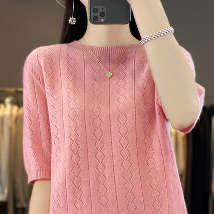23 woolen sweater women's round neck short sleeve knitted bottoming shirt half sleeve hollow-out design top wholesale