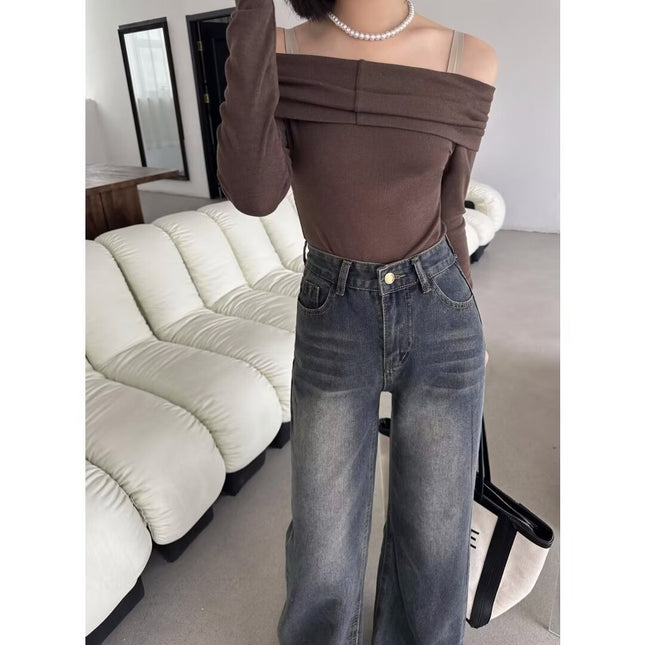 Retro washed Street versatile jeans women's spring and autumn slimming design sense niche micro horn mopping pants