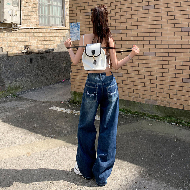 Dark Blue American Wide-Leg Jeans for Women 2025 New High-Waist Slimming Embroidered Loose Floor-Length Straight Pants Trendy