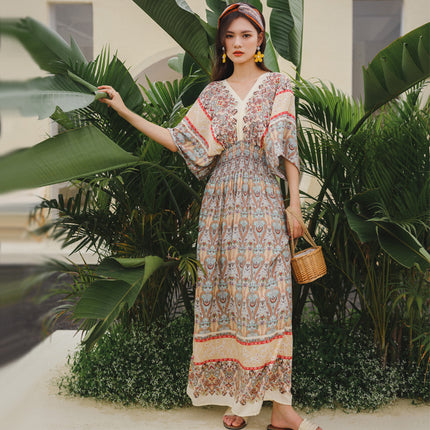 Cross-border ethnic style V-neck cotton silk short-sleeved beach skirt Thailand travel dress summer printed holiday floral skirt
