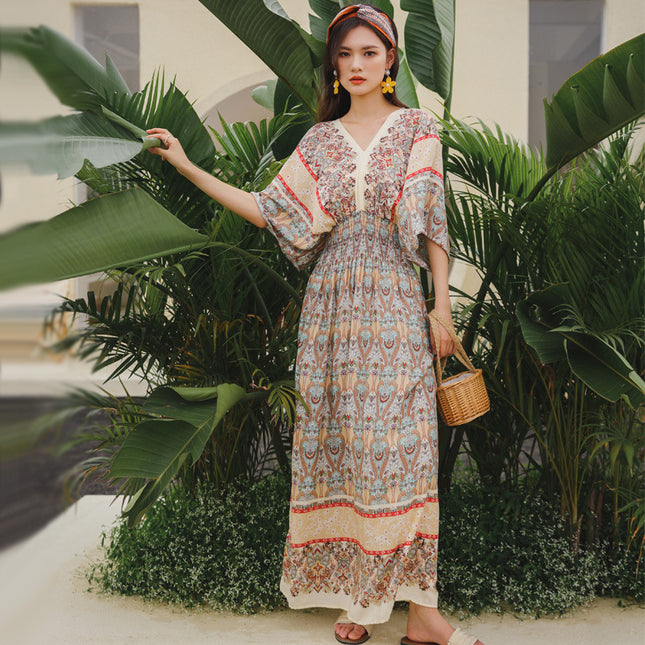 Cross-border ethnic style V-neck cotton silk short-sleeved beach skirt Thailand travel dress summer printed holiday floral skirt