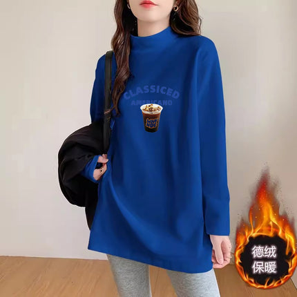 Women's Fleece Base Shirt with Shark Pants Autumn and Winter Design Sense Loose White Half-high Collar Long-sleeved T-shirt