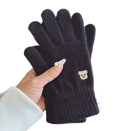 Warm Gloves for Women in Autumn and Winter to Prevent Cold and Keep Students Warm, Cute Bear Wool Knitted Touch Screen Fingers