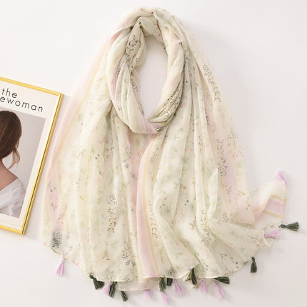 Fresh plain cotton and linen hand scarf White small floral tassel travel photo decorative shawl sunscreen beach towel