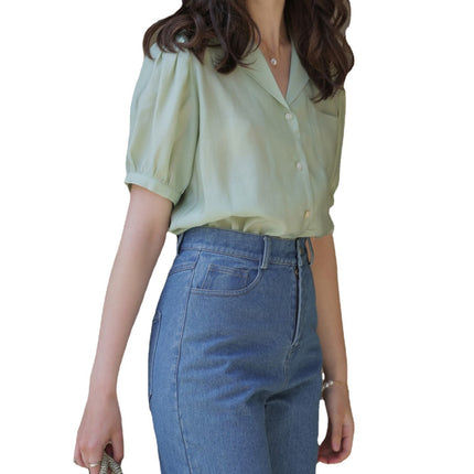 Meliiy 2025 New Retro Doll Collar Puff Sleeve Light Green Top Women's Summer Thin Short-Sleeved Shirt