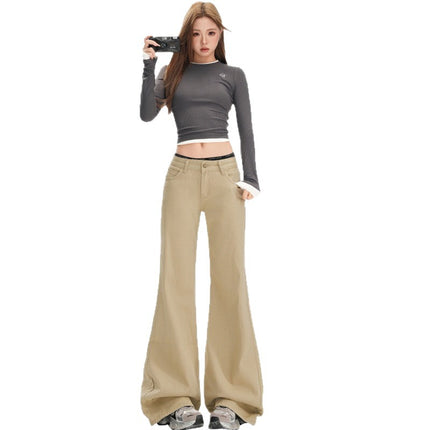 Hot Girl Retro Khaki Low-Waist Non-Leg-Fitting Boot-Cut Pants for Women New Slimming Look Slimming Look Floor-Length Jeans for Women