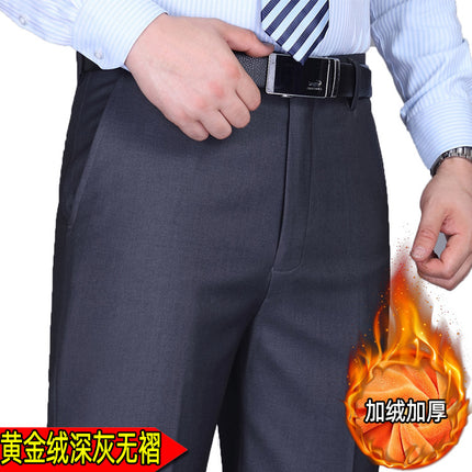 Autumn and Winter Thick Fleece-lined Thickened Middle-aged Men's Non-pleated Casual Pants Non-ironing Straight Middle-aged and Elderly Business Casual Pants
