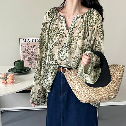 Tao Chuan Niche Color ~ Retro Slimming Green Floral Lantern Sleeve Micro-transparent Sunscreen Shirt Women's 2022 Summer 0867