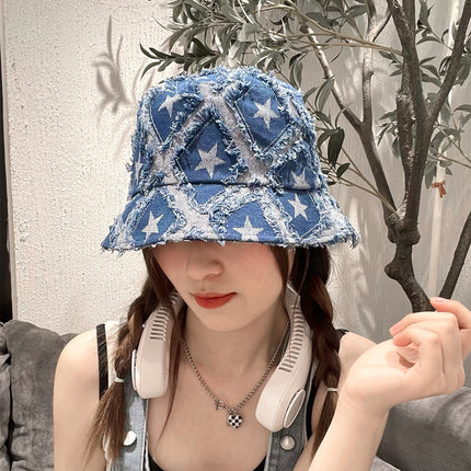 Hat women's summer new Denim five-pointed star ripped fisherman hat Japanese fashion retro Net red face small basin hat