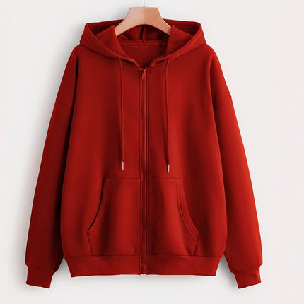 Amazon Aliexpress Cross-Border European and American Clothing 2025 Autumn and Winter Velvet Zipper Loose Pure Color Hooded Sweatshirt for Women