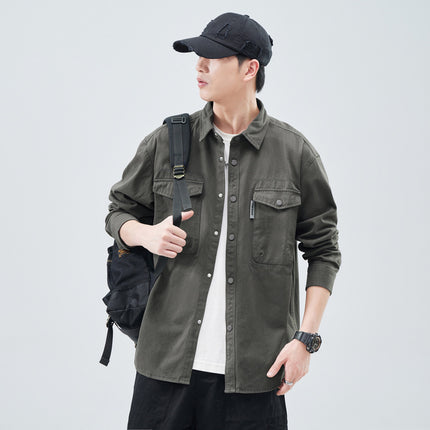 Heavy Wash Cotton Japanese Style Vintage Trendy Brand Loose Casual Shirt Jacket Army Green dark gray Jujube