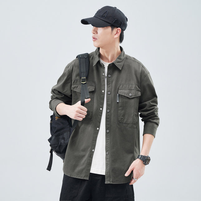 Heavy Wash Cotton Japanese Style Vintage Trendy Brand Loose Casual Shirt Jacket Army Green dark gray Jujube