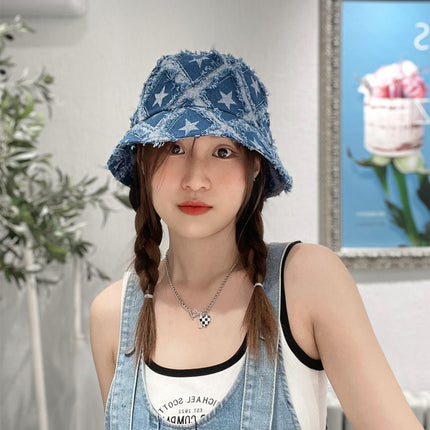 Hat women's summer new Denim five-pointed star ripped fisherman hat Japanese fashion retro Net red face small basin hat