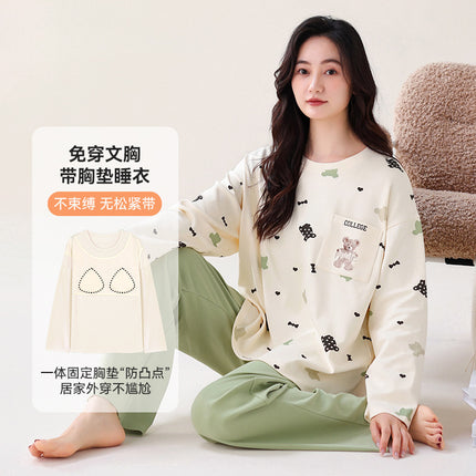 Xinkan Double-Sided Pure Cotton Pajamas for Women, Quality Fashionable Long-Sleeved with Chest Pads, Cotton Women's Home Wear Set That Can Be Worn Outside