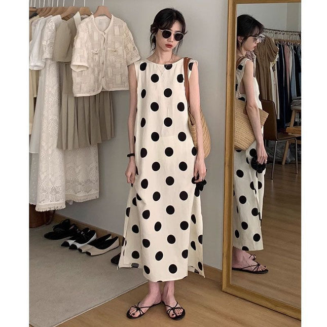 French Style Sleeveless Polo Dot dress Women's Summer New Style Elegant Long Dress Seaside Vacation Loose Slimming Beautiful Dress