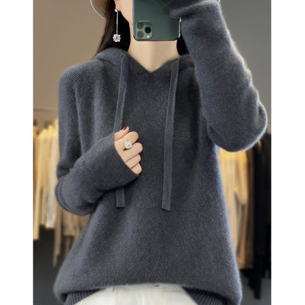 First-line clothing pure wool 2025 spring new women's short solid color hoodie pullover base sweater sweater