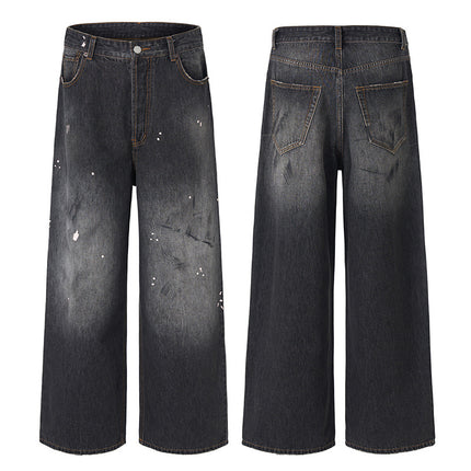 Jiamu Splash-Ink Dirty-Dyed American Baggy Jeans Jeans for Men and Women Straight-Leg Loose Wide-Leg Neutral Draped