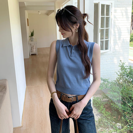 European Unique and Unique Design Sleeveless Slim Knitted Knitwear for Women 2025 Summer New Style Lapel Top