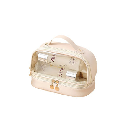 New Transparent Cosmetic Toiletry Bag Satchel Pu Bath Bag Waterproof Large Capacity Cosmetics Bag Pvc Splicing Cosmetic Bag