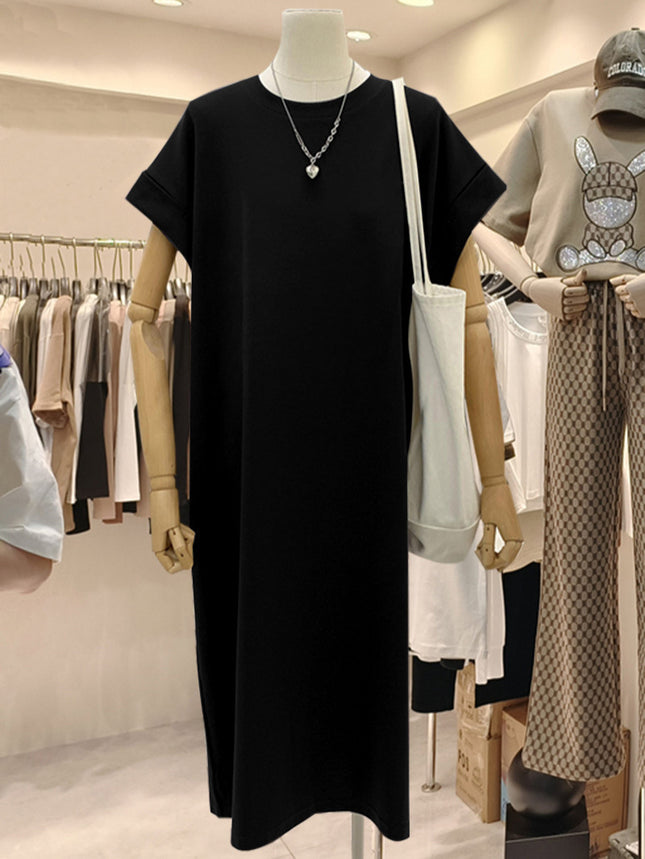 plus size Short-sleeved Cotton Mid-length Dress Women's 2025 Summer New All-match Loose Long Dress Flying Sleeve Split dress