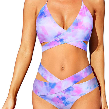 Cross-border New European and American Women's Split Swimsuit Floral Color-matching High Waist Cross-AliExpress Bikini Bikini