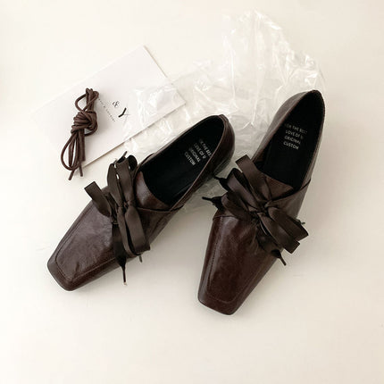 Ready Stock and Shipped in Seconds! Retro Square Toe Lace-Up Loafers, One-Leg Bow Ballet Shoes, Low-Heeled Small Leather Shoes for Women