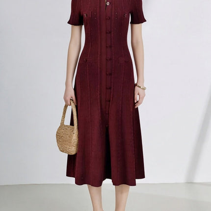 2026 New French-Style Elegant Socialite Short-Sleeve Knit Dress with Hollow-Out Ribbed Design and Single-Breasted Slim-Fit Long Dress