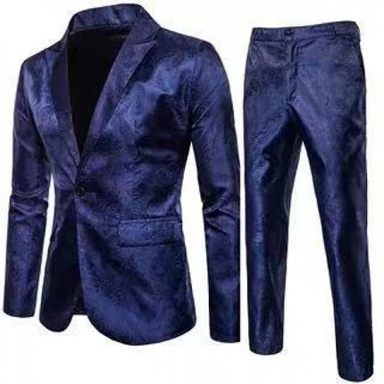 2023 Foreign Trade Spring and Autumn New Men's Glossy Dark Pattern Suit Nightclub Single-Button Men's Lapel Suit Set Wholesale