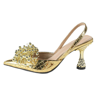 In-Stock Cross-Border Fashion Pearl Flower Irregular Square Beads Stiletto Pointed Open-Back Slingback Sandals for Women